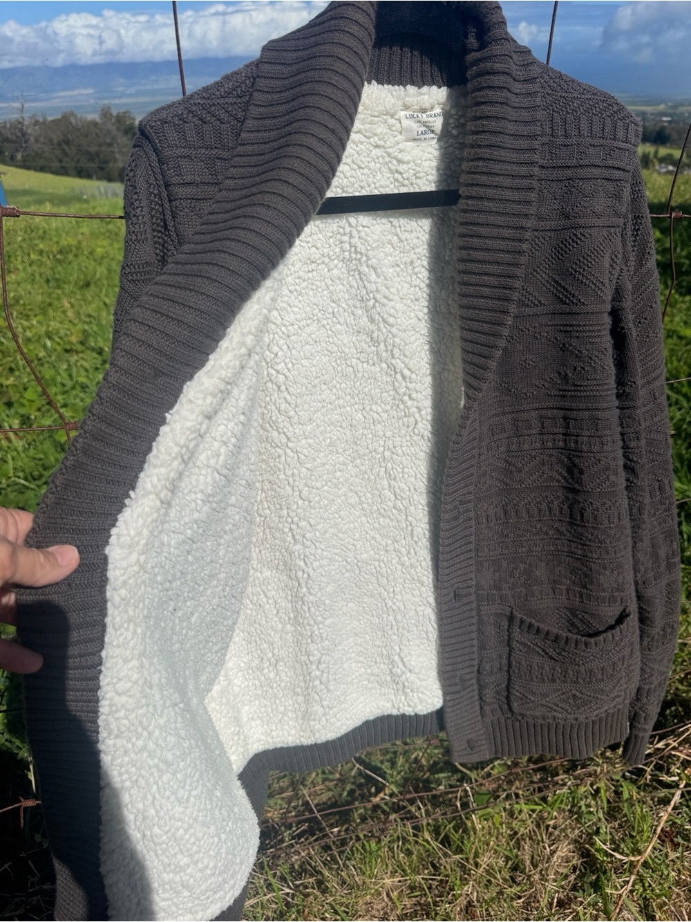 Lucky brand Men’s Sherpa Shawl Grandpa Cardigan sweater Brown large - Picture 4 of 7